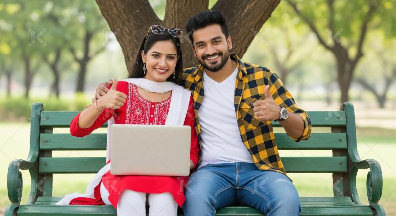 Happy Indian couple with laptop, thumbs up on park bench.