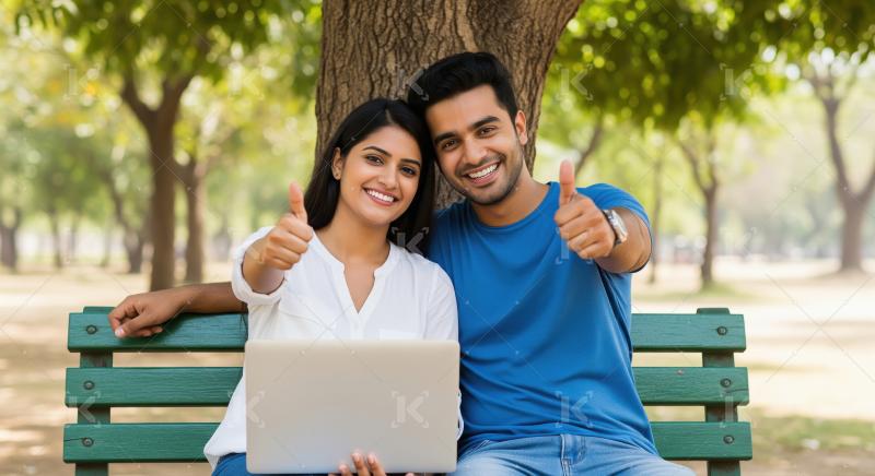 Happy Indian Couple Thumbs Up with Laptop in Park