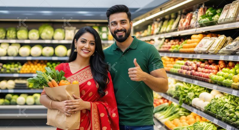 Smiling Indian Couple Shopping Fresh Produce in Grocery Store