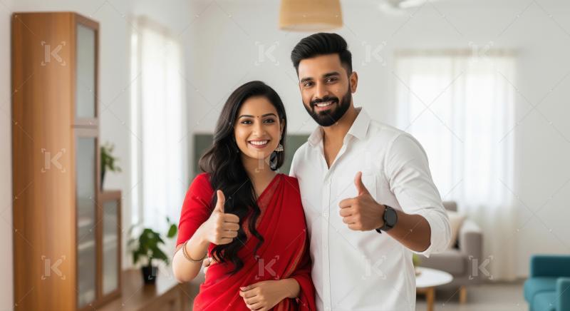 Happy Indian Couple Thumbs Up in Modern Home