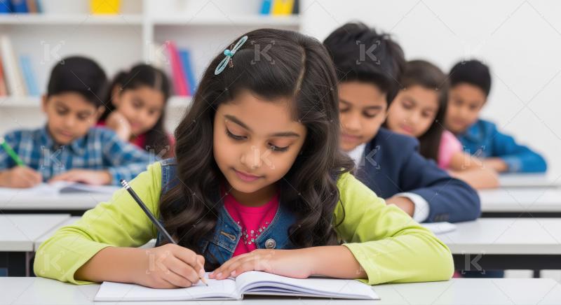 Young Indian Students Learning and Writing in Classroom
