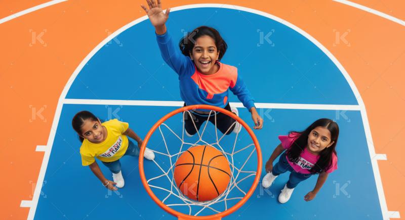 Three Happy Girls Playing Basketball on a Colorful Court