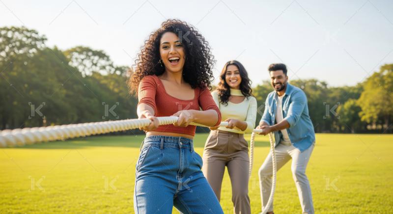 Diverse Youth Enjoying Outdoor Tug-of-War Game Together Happily