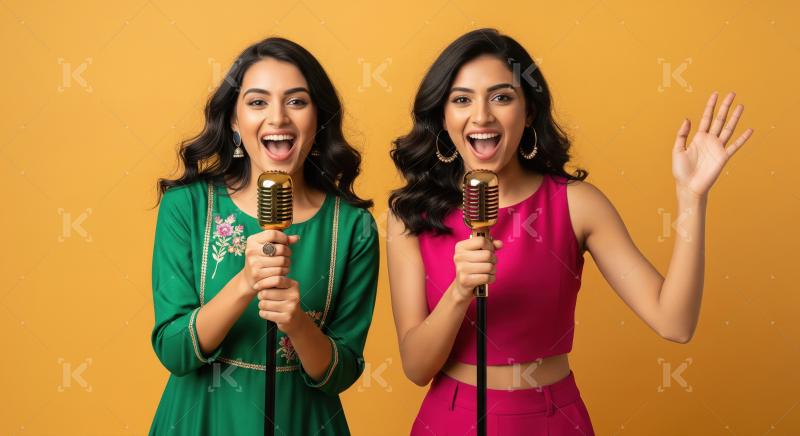 Energetic Indian Singers Performing Live with Vintage Microphone