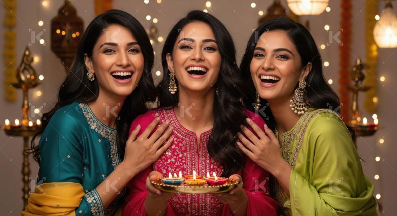 Three Happy Indian Women Celebrating Diwali Festival with Diyas
