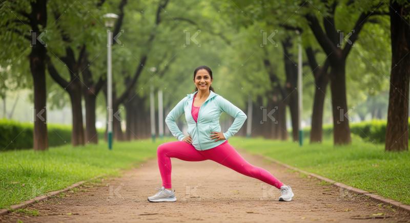 Happy Woman Exercising in Park, Stretching on Dirt Path