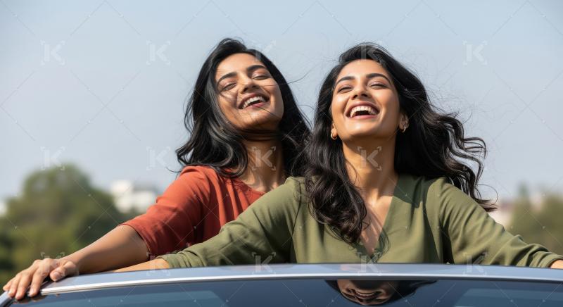 Joyful Young Women Laughing in Car Sunroof