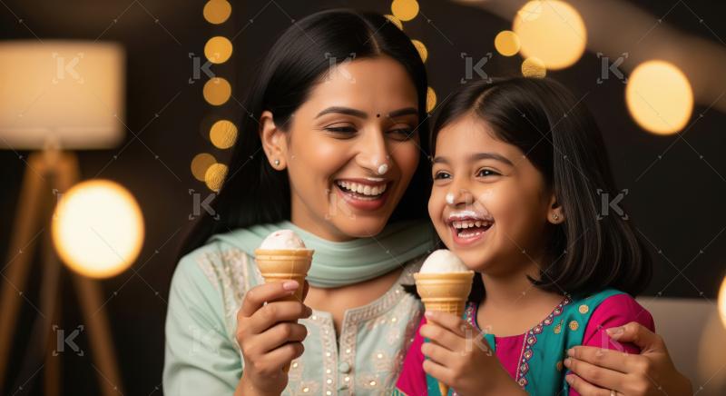 Happy Indian Mother Daughter Enjoying Ice Cream Fun Together