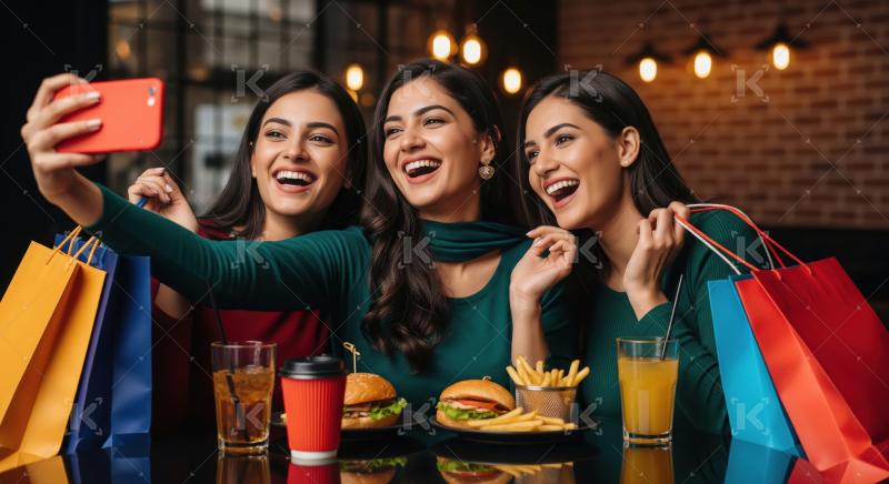 Joyful Friends Capture Selfie Memories After Shopping and Dining