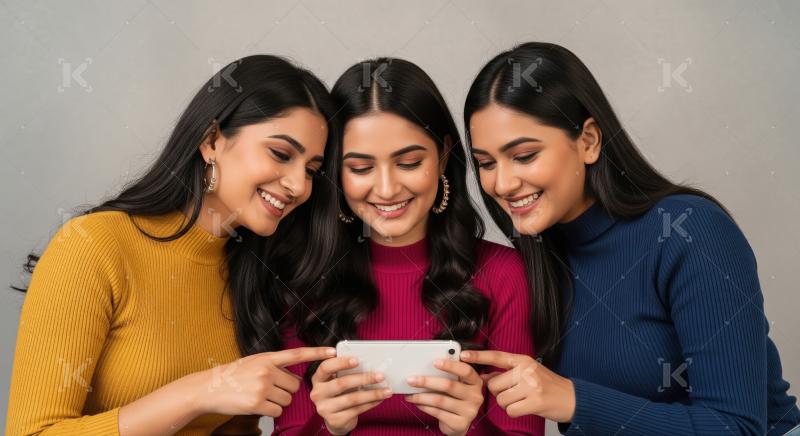 Three Happy Indian Friends Enjoying Shared Content on Smartphone