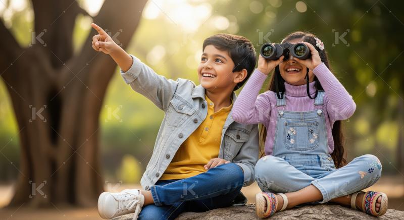 Joyful Indian Children Exploring Nature, Pointing and Observing