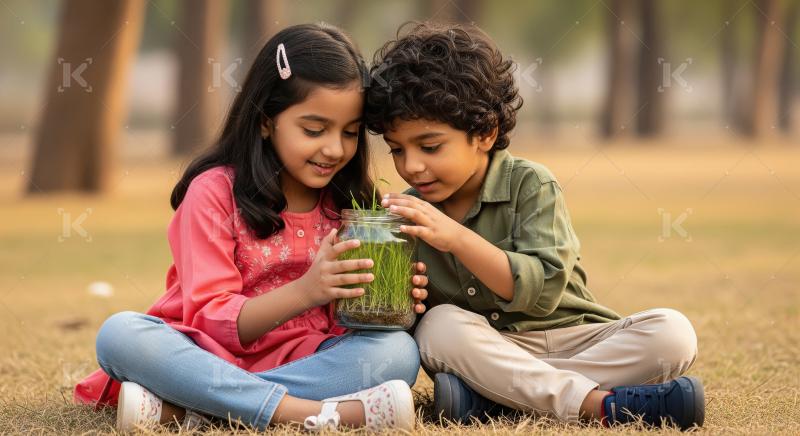 Children Discovering Plant Growth Outdoors Together