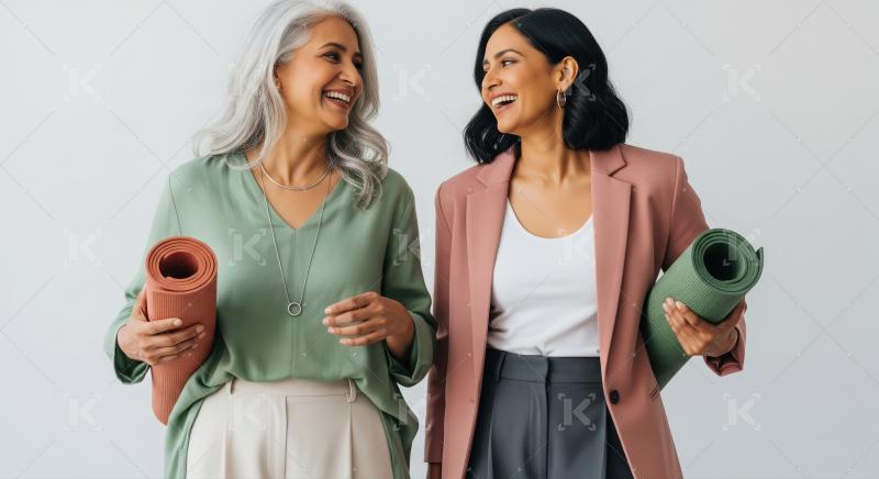 Diverse women smiling, ready for yoga class