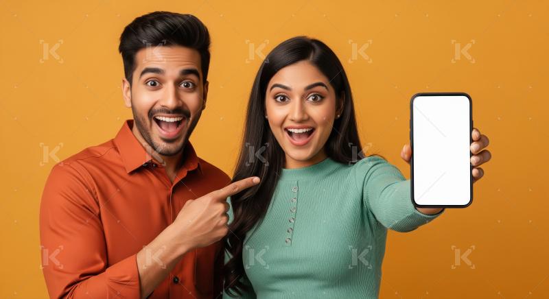Happy Indian Couple Pointing at Blank Phone Display