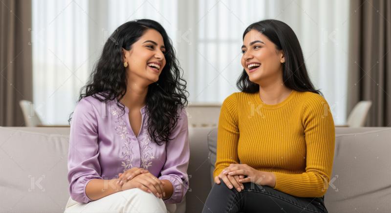 Happy young Indian friends share a laugh at home