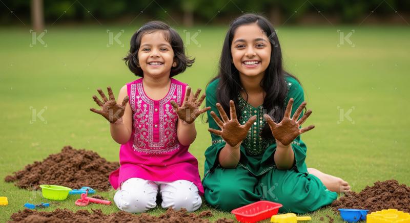 Happy Indian Girls Playing with Mud in Garden