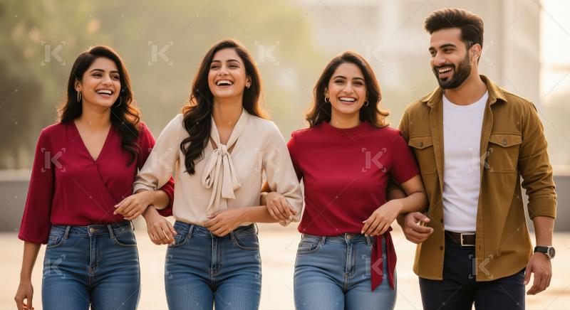 Joyful Indian Friends Walking Together Outdoors, Sharing Laughte