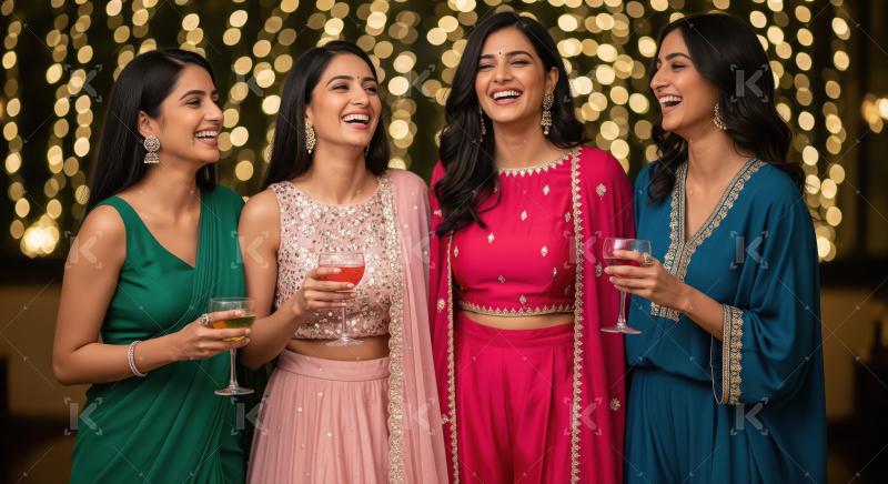 Four Indian Women Celebrating Joyfully at a Festive Party