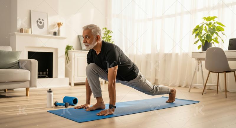 Active Senior Man Doing Yoga Lunge Exercise at Home