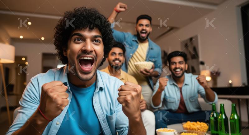Excited Indian Friends Cheering Enthusiastically While Watching