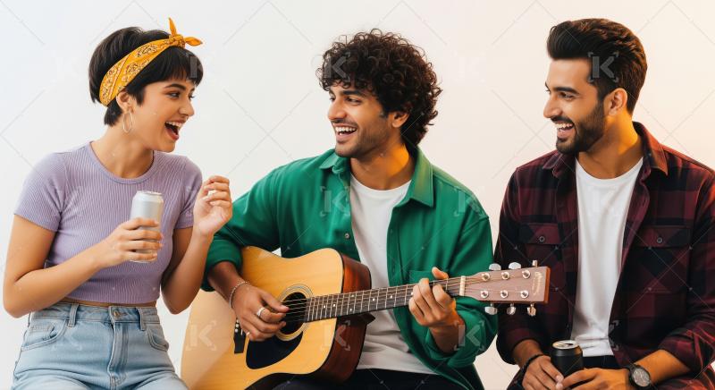 Diverse Young Friends Laughing, Playing Guitar, Enjoying Time To