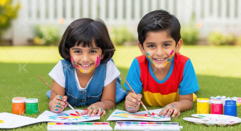 Happy diverse kids painting outdoors with colorful paints and sm