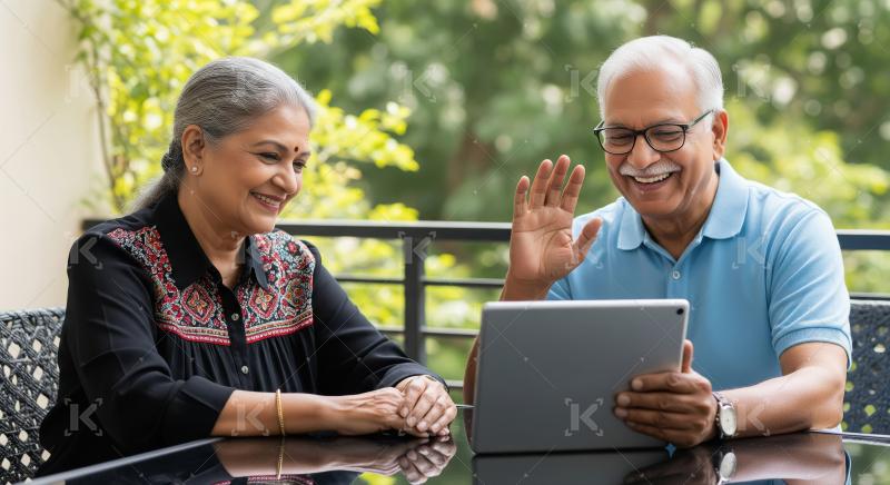 Happy Indian Senior Couple Video Calling on Tablet Outdoors