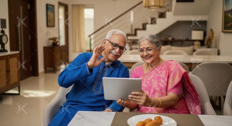 Happy Senior Indian Couple Video Calling on Tablet at Home