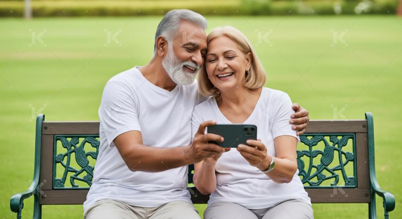 Happy Senior Couple Watching Phone Together in Park