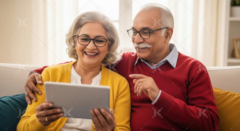 Happy Senior Indian Couple Enjoying Tablet Together at Home