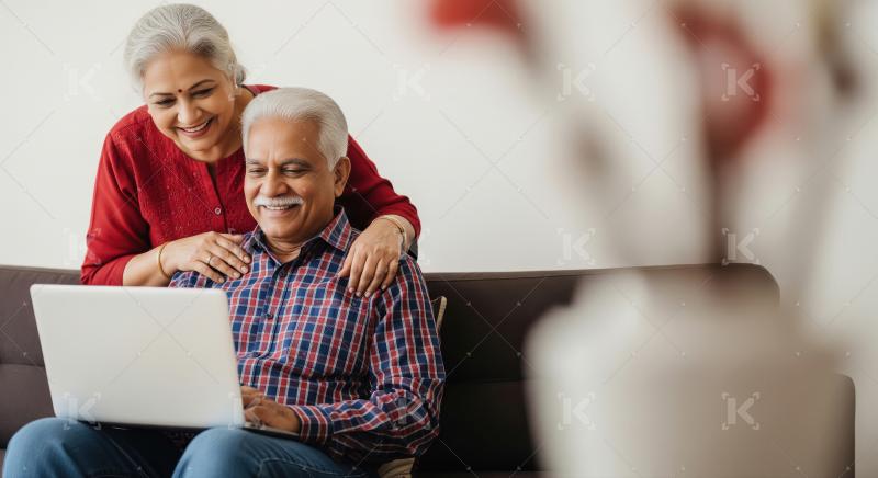 Happy Senior Indian Couple Enjoying Laptop Together at Home