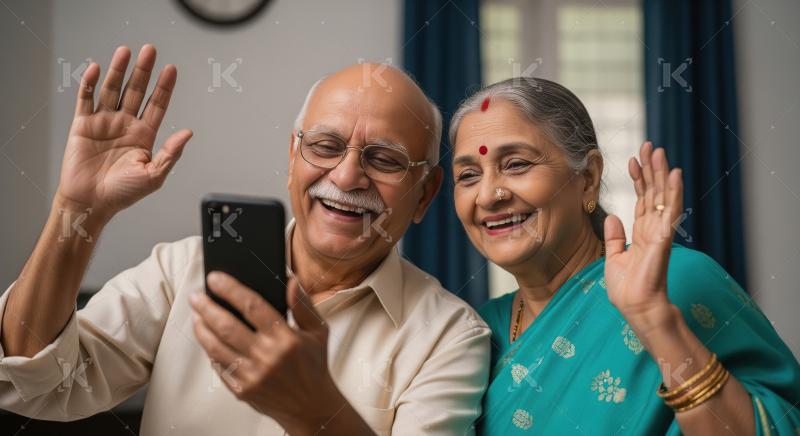 Happy Indian Couple Video Calling Family, Waving