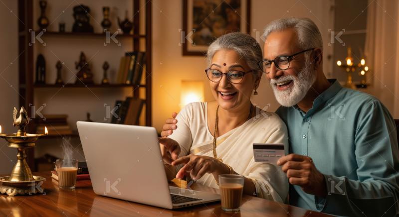 Happy Indian Senior Couple Online Shopping with Laptop and Card