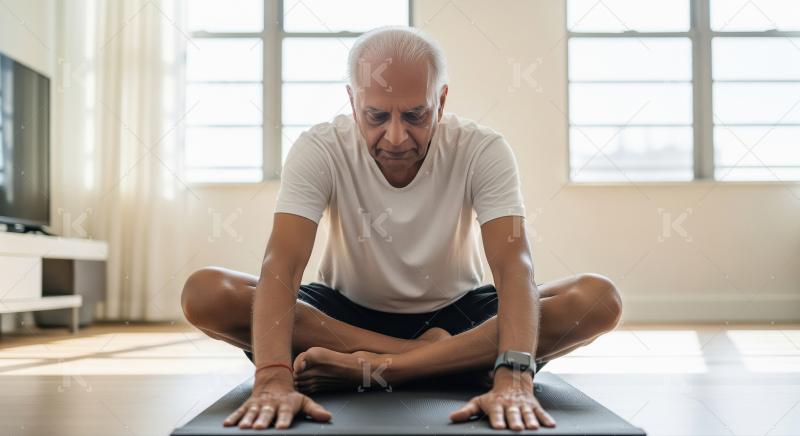 Senior Man Practicing Yoga at Home for Wellness and Health