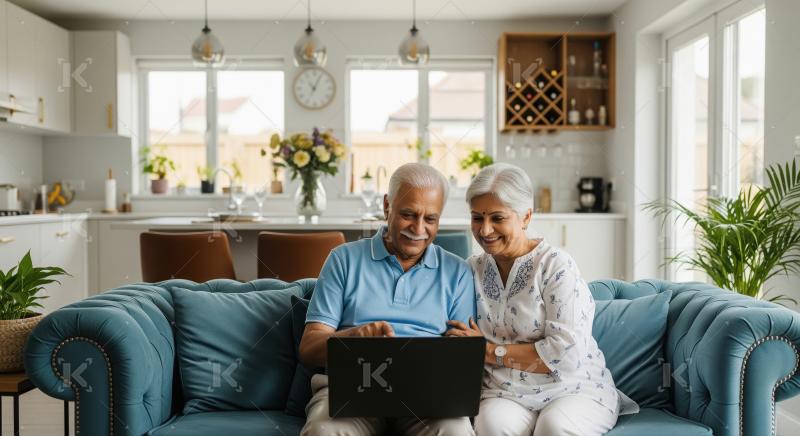 Happy Elderly Indian Couple Enjoying Laptop Together at Home