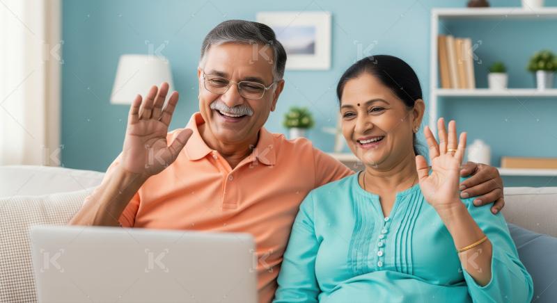 Happy Indian Senior Couple Waving on Video Call with Laptop