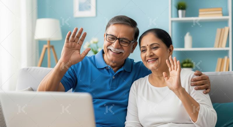 Happy Indian Senior Couple Waving on Video Call at Home
