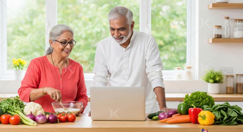 Happy Senior Indian Couple Cooking Healthy Meal in Modern Kitche