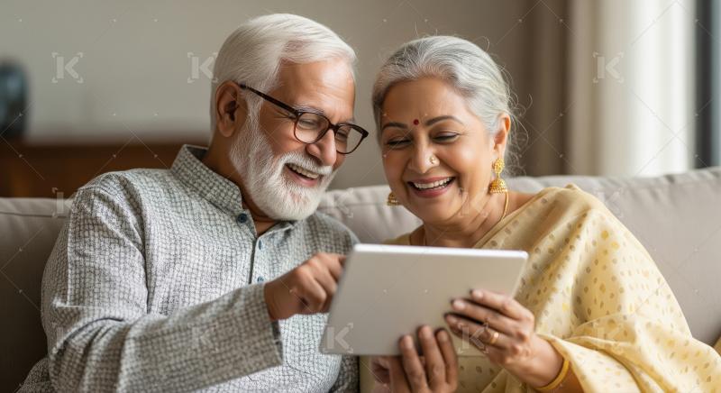 Senior Indian Couple Happily Using Digital Tablet at Home