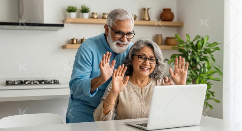 Smiling Indian couple on video call using laptop