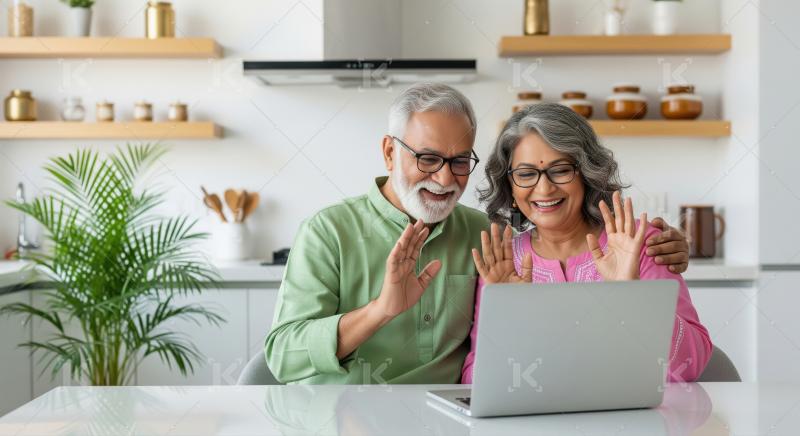 Happy Indian Senior Couple Enjoying Video Call in Modern Kitchen