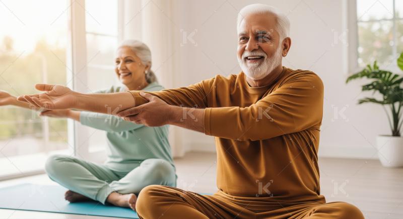Happy elderly Indian couple stretching together on yoga mat.