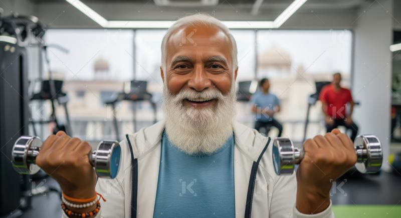 Smiling Senior Man Exercising with Dumbbells in Modern Gym