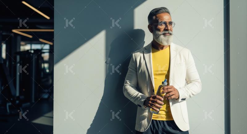 Stylish Senior Man with Water Bottle at Modern Gym