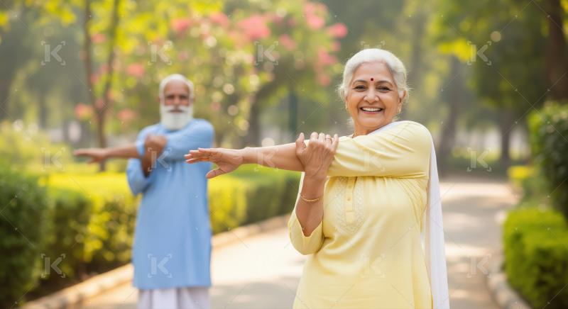 Active senior Indian couple stretching together in beautiful par