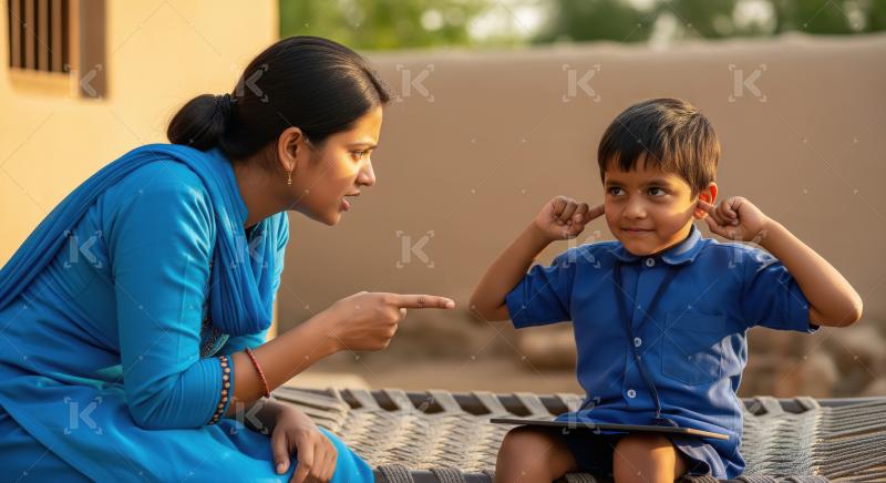 Indian Mother Disciplines Son Refusing to Listen During Study