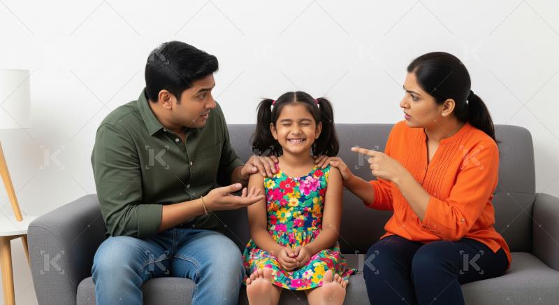 Indian Parents Discussing with Smiling Daughter on Sofa