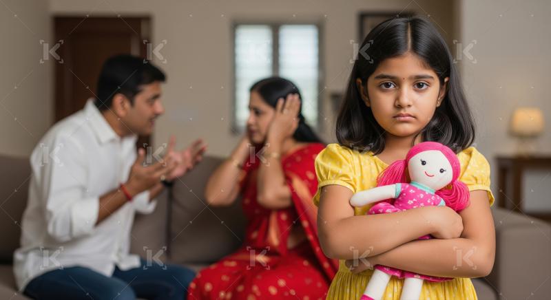 Distressed child holding doll while parents argue at home