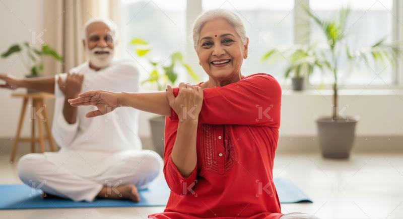 Senior Indian Couple Stretching and Smiling During Yoga Practice