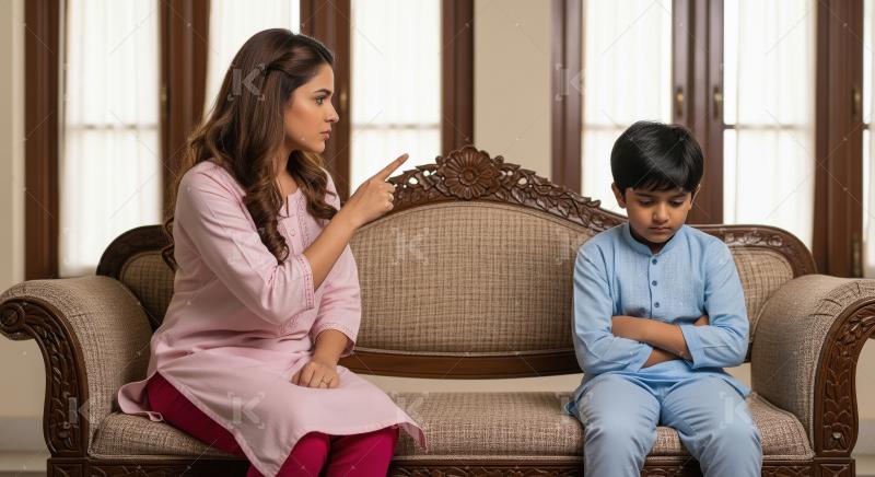 Mother scolding son on sofa, child looks upset.